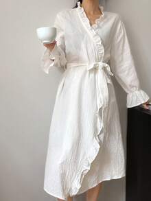 DAZY Romantic Ruffled Hem Long Wrap Around Women Sleepwear Robe, For Fall & Winter Pajama, Cozy Outfit - White - View 4