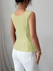 Elenzga Summer New Arrival French Elegant Fashion Big Metal Button Backless Tie Sleeveless Solid Color Blouse For Women - Green - View 2