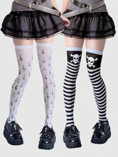 Grunge Punk 2 Pairs Cross & Skull Combination Halloween Sexy Thigh High Stockings For Women