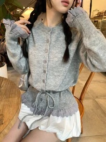 DAZY 女式圆领抽绳下摆和袖口蕾丝拼布休闲开衫夹克秋冬