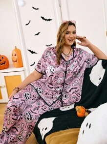 Chillnights Plus Size Halloween Element Printed Mock Neck Loungewear Pajama Set - Pink - View 11