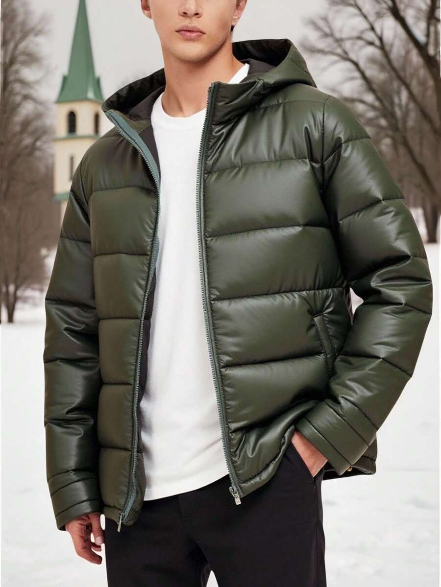 SHEIN Casaco de Inverno Acolchoado com Silhueta Minimalista Verde para Adolescentes Meninos, Estilo Universitário Casual, Confortável e da Moda, Versátil e Prático, Tecido Macio, Adequado para Uso Diário, Escola, Passeios, Atividades ao Ar Livre, Outono/Inverno, Volta às Aulas