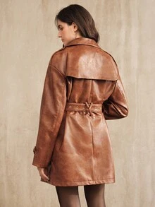 Anewsta Abrigo minimalista y elegante de mujer de doble botonadura, marrón y brillante, de longitud media. Chaqueta cortavientos para mujer, otoño/invierno - Café integral - Ver 11
