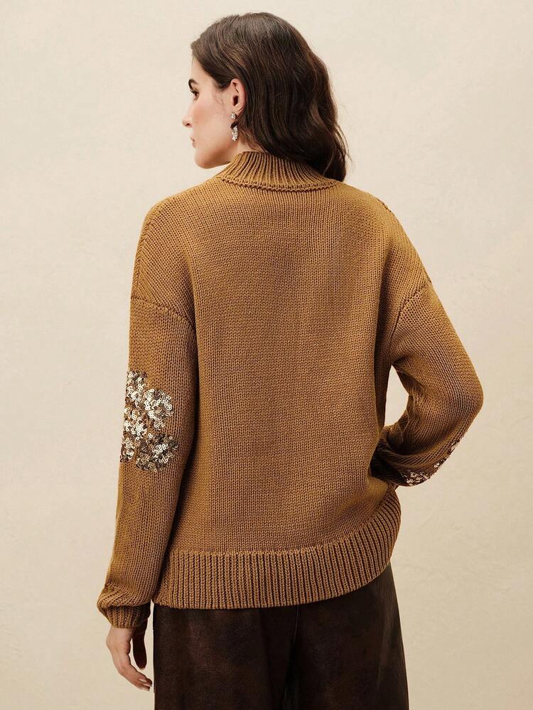 Coffee Color Stand Collar Floral Embroidered Beaded Loose Dropped Shoulder Knit Sweater, Autumn/Winter