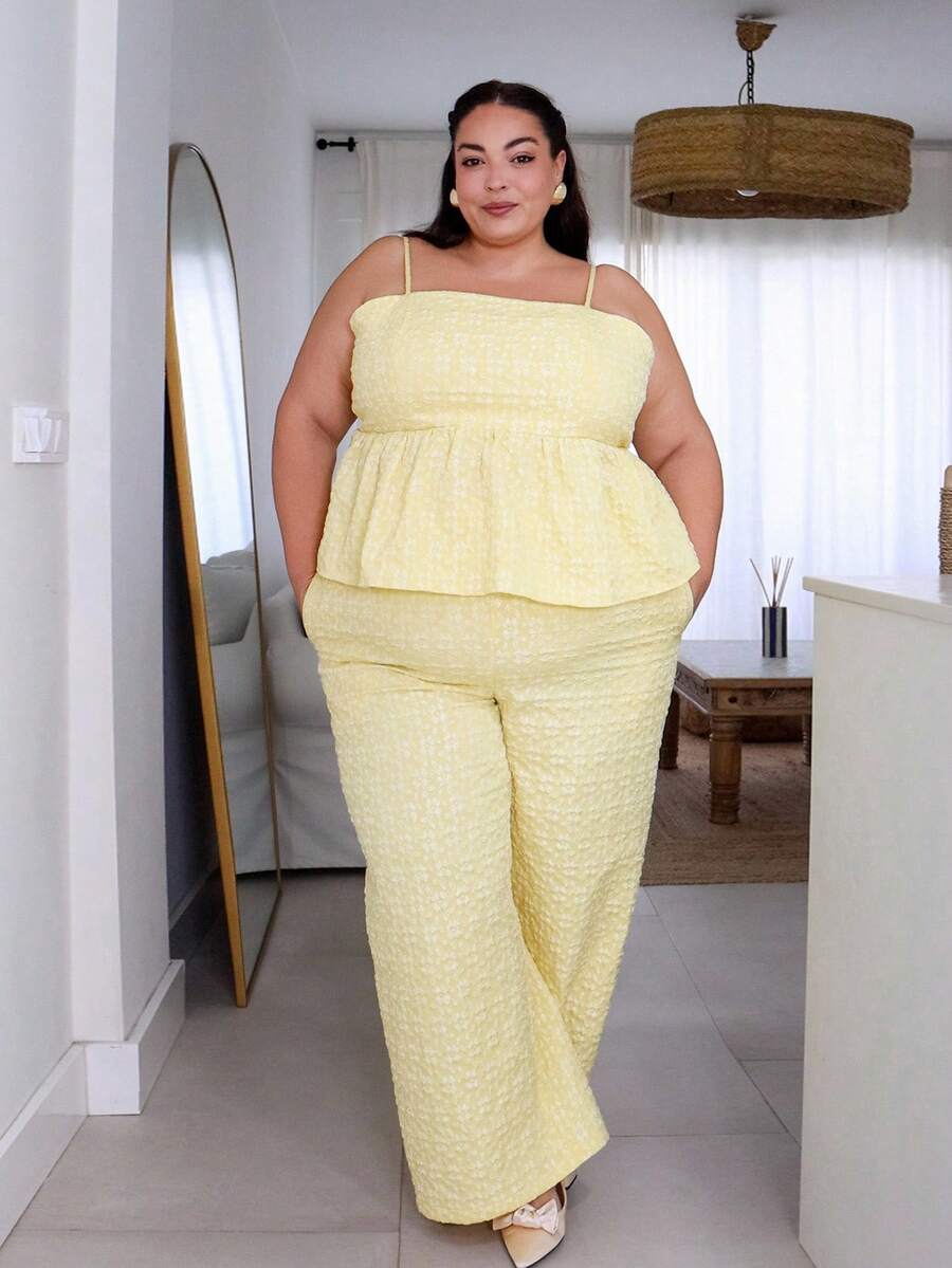 Pretty and Ole 大码女装春夏时尚休闲舒适日常立体纹理面料荷叶边吊带上衣和阔腿裤奶油黄色可爱两件套，欧洲夏季，度假装，裤子套装，夏威夷装女装 - 黃色 - 查看 1