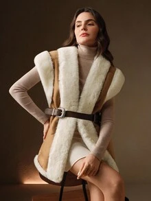 女士秋冬棕色无袖复古别致仿皮草背心，配双扣腰带，优雅正式派对外套 - 棕色 - 查看 7