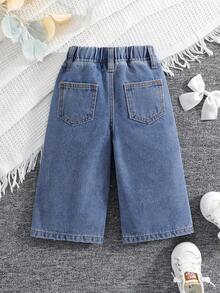 SHEIN Baby Girl White Bow Embroidered Pattern Blue Denim Loose Jeans, Winter And Autumn Fashionable Vacation - Light Wash - View 3