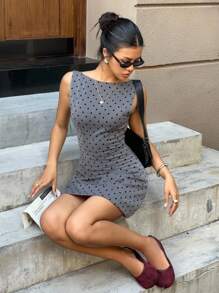 SHEIN EZwear Women's Polka Dot Print Round Neck Sleeveless Mini Fashion Dress,Office Dress,Fall Women Clothes - Grey - View 5