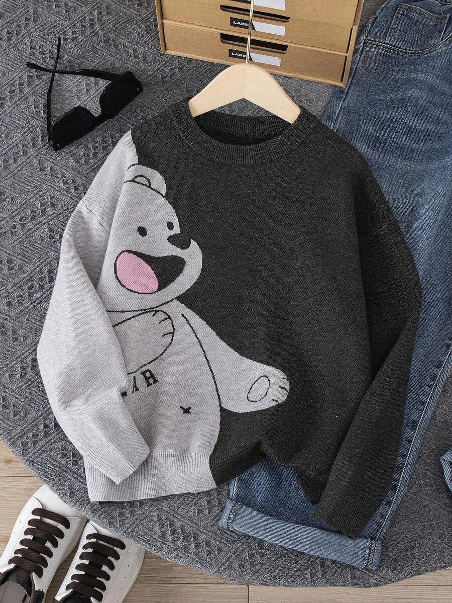 SHEIN 男童学院风卡通熊图案圆领长袖毛衣，适合秋冬季 - 灰色 - 查看 1