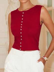 Chiquease Casual Versatile Solid Color Red Sleeveless Knit Top Knitted Sweater - Red - View 4