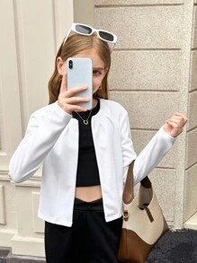 SHEIN 青少年女孩休闲日常百搭纯色褶皱圆领前开短款 3/4 袖夹克，开学季 - 白色 - 查看 6