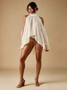 MISSGUIDED Áo cổ yếm thanh lịch, tay dài, buộc dây phía sau, áo cánh voan cao thấp, tiệc tối, tiệc cưới, khách dự tiệc, mùa hè, mùa xuân, mùa thu - trắng - Xem 3