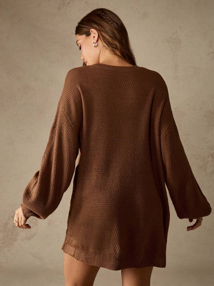 MISSGUIDED Oversized Ribbed Knit Sweater Dress Balloon Sleeve Fall Winter Cozy Mini Length Pullover Lounge Dress Warm Brown Casual Fashion