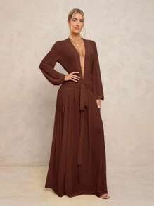 Lumalex 女式超长连衣裙，搭配紧身裤、透视 V 领、泡泡袖、褶饰系带、可拆卸金属扣和超大裙摆 - 咖啡棕 - 查看 6