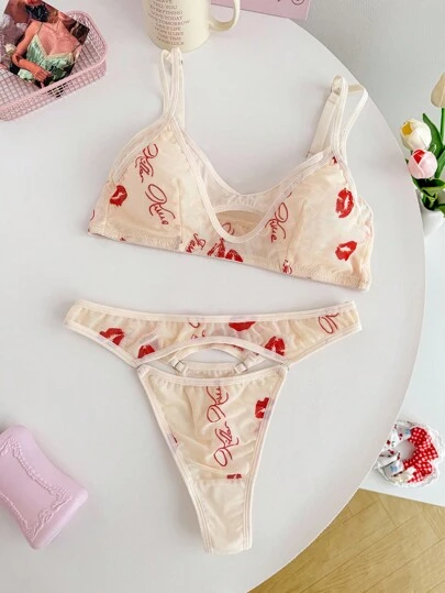 SHEIN 2件套女士唇印网眼内衣套装