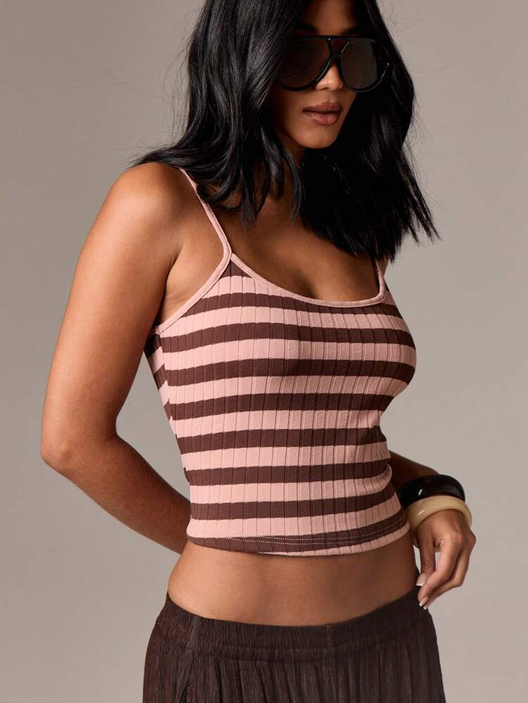 Ribbed Knit Striped Crop Cami With Scoop Neck