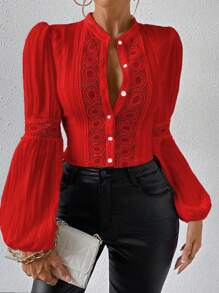Chiquease Guipure Lace Insert Lantern Sleeve Blouse For New Year Clothes Women Shirt - Red - View 1