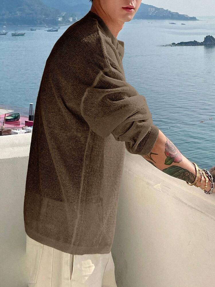 Summer Vacation Beach Textured Fabric Brown Half-Open Collar Men Knit Top, For Fall