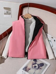 Chaleco reversible sin mangas acolchado para niña preadolescente, negro y rosa, cuello casual, adecuado para la escuela y el transporte, otoño/invierno