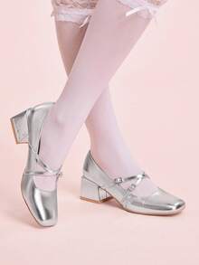 CUCCOO DOLLMOD 女士银色金属交叉带玛丽珍厚底高跟鞋，可爱校园风高跟鞋 - 銀色 - 查看 4