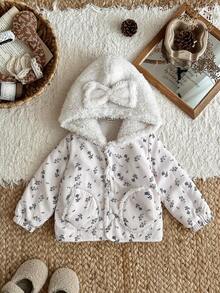 SHEIN 女婴休闲可爱花卉印花保暖内衬连帽夹克，冬季 - 彩色 - 查看 3