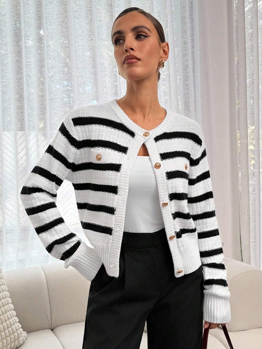 Lavishia Women's Striped Crew Neck Long Sleeve Single-Breasted Knitted Cardigan Fall Clothes For Women - Beige - View 1