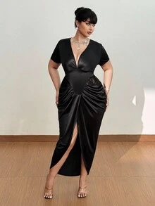 Viva Relle Robe sexy à encolure V profonde, froncée et fendue pour femmes grandes tailles - Noir - Voir 5