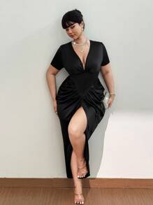 Viva Relle Robe sexy à encolure V profonde, froncée et fendue pour femmes grandes tailles - Noir - Voir 6