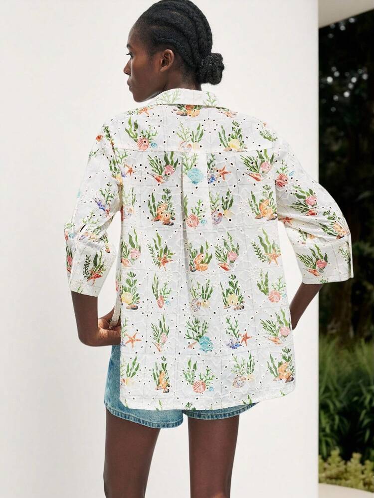 SHEIN Maija Blusa de mujer casual de vacaciones con estampado completo, bordado hueco, para mujer, para ir a la playa, para salir, blusas con botones, camisas lindas, camisas divertidas, tops lindos de mujer, tops de vacaciones de estilo kawaii, tops para salir de mujer, blusas bohemias para mujer