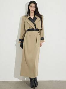 Modelyn 秋冬女士时尚休闲撞色立领腰带风衣 - 卡其色 - 查看 5