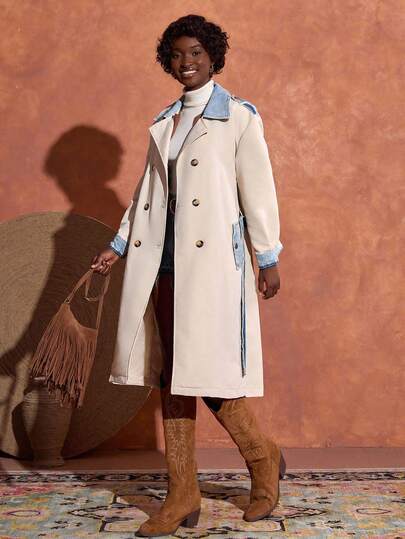 Bóhologie Enfärgad, Knappar framtill, Denimdetaljer, Trenchcoats med skärp