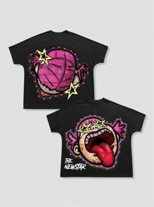 ROMWE MEN Street Life Men's Cartoon Print Round Neck Short Sleeve Casual Versatile T-Shirt, Summer - Black - View 1