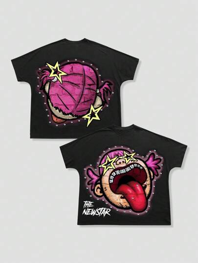 Street Life Men's Cartoon Print Round Neck Short Sleeve Casual Versatile T-Shirt, Summer