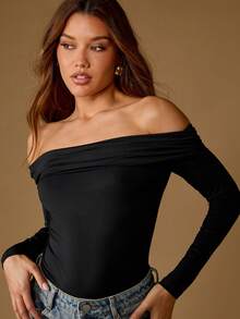 MISSGUIDED 优雅露肩长袖紧身衣褶皱领口芭蕾紧身衣合身无缝裹身晚会弹力紧身衣 - 黑色 - 查看 5