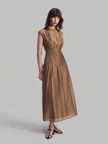 Ontre 2026新款女士优雅纯色收腰长袖褶皱连衣裙，适合休闲都市风、简约时尚通勤、优雅简约风、教师节着装、独立日、海滩度假、毕业典礼、办公室等场合。