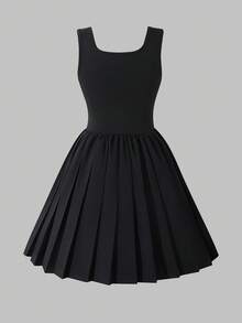 Sparklyn 2pcs/Set Teenage Girls' Fashion Casual & Chic Outfit, Knitted Mesh Loose Crop Top + Black Fitted Pleated Mini Skirt Set Fall Winter