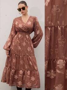 Aveloria Modichic Brick Red Cutout V-Neck Tie Back Elegant Waist Slimming Lantern Sleeve Long Sleeve Vintage Style Plus Size Maxi Dress Fall Cloth For Women - Khaki - View 1