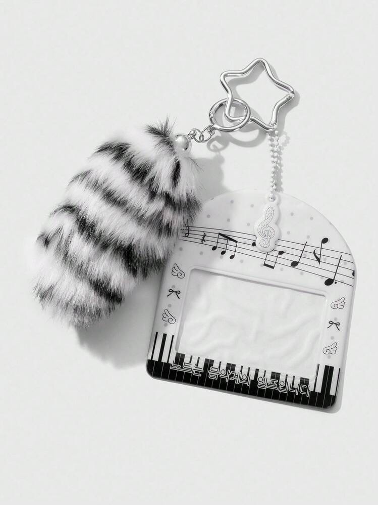ROMWE Grunge Punk 1 件 Y2K 风格简约复古别致高品质黑白渐变仿皮草动物尾巴横向 PVC 卡夹，带有脉动音符、钢琴键、心形装饰，适合办公室职员、学生、日常穿着、节日礼物 - 黑與白 - 查看 4