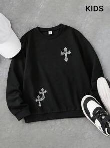 SHEIN Coolqubz 青少年男孩 Y2K 哥德風 Grunge 圖案印花運動衫，休閒寬鬆版長袖圓領套頭街頭風上衣，適合春季、秋季、初冬 - 黑色 - 查看 1