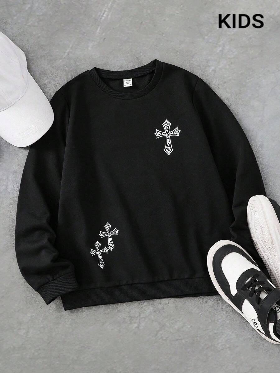 SHEIN Coolqubz 青少年男孩 Y2K 哥德風 Grunge 圖案印花運動衫,休閒寬鬆版長袖圓領套頭街頭風上衣,適合春季、秋季、初冬 - 黑色 - 查看 1