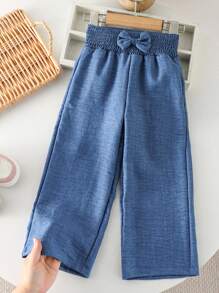 SHEIN Genkimix Kids 年轻女孩蓝色针织腰带可爱3D蝴蝶结装饰休闲裤