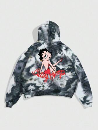 Betty Boop | ROMWE Sudadera con capucha de hombre con estampado de tie-dye y de dibujos animados