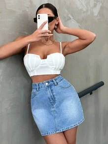 EURMUSE Women's High Waist Washed Denim A-Line Skirt - Blue - View 5