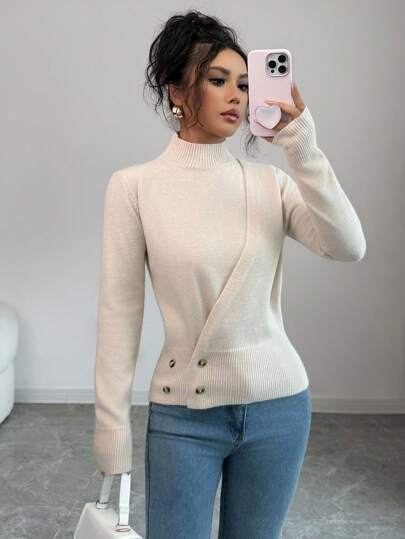 Elenzga Women's Asymmetrical Fitted Stand Collar Long Sleeve Button Design Sweater, Fashion Fall Winter Cloth For Women