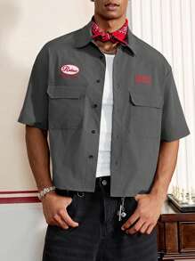 SWAVVY 男士字母刺绣工装口袋短袖休闲衬衫 - 灰色 - 查看 3