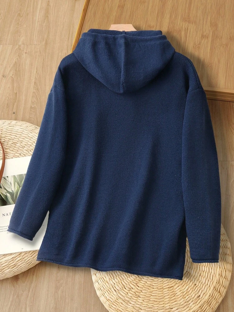 Women's Solid Color Drop Shoulder Long Sleeve Hooded Drawstring Casual Sweater Hooded Top Hoodie Dress Navy Women Blue Hoodie Blue Sweater Navy Blue Sweater Fall Clothes For Women