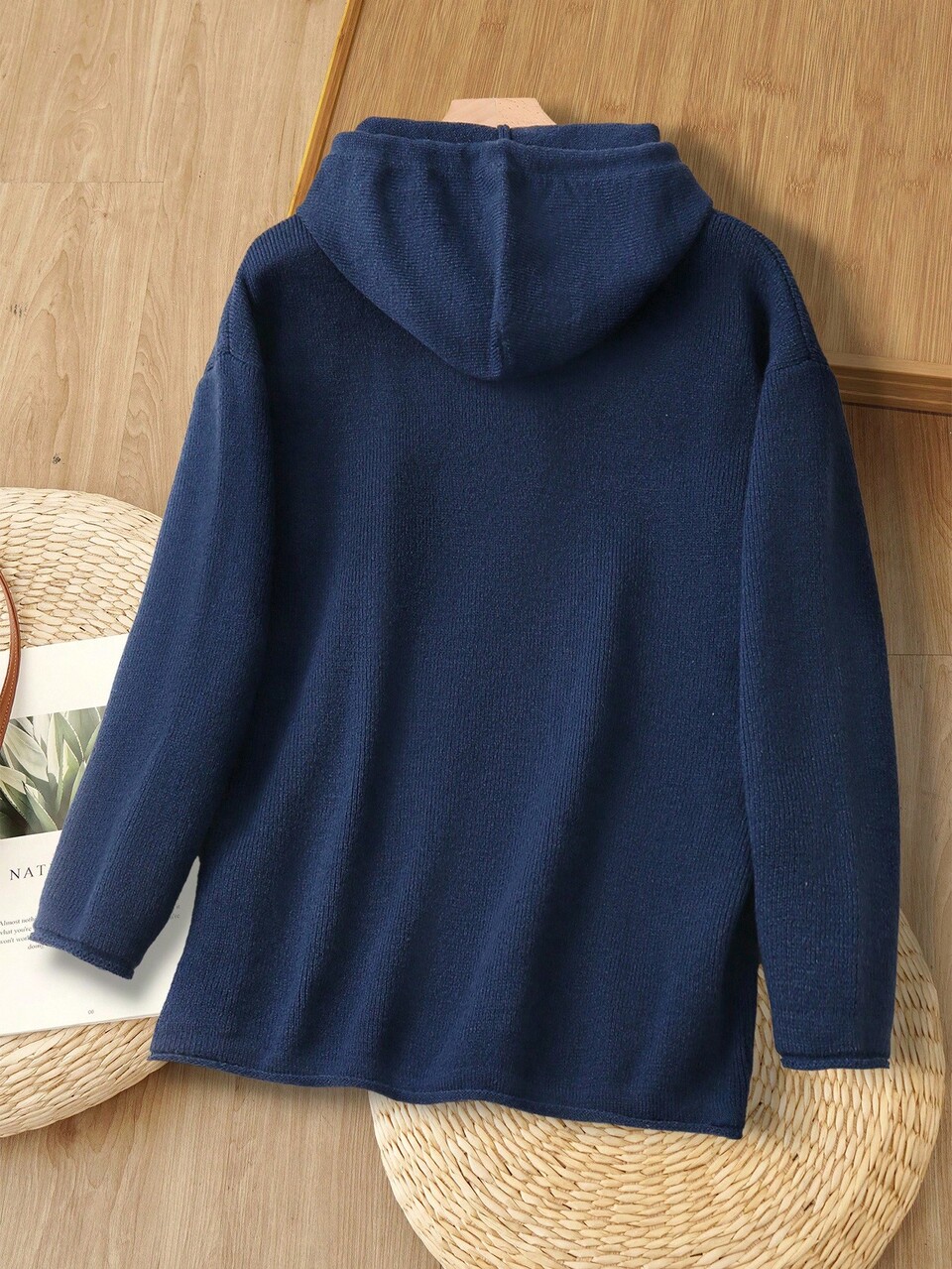 Women's Navy Blue Oversized Hoodie Dress,Autumn Long Sleeve Drop Shoulder Drawstring Casual Sweater Hooded Top,Everyday Solid Color Fall Clothes