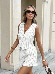 Serisse Women Striped Sleeveless Vest And Shorts Suit In Fall/Winter White