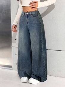 SHEIN Teen Girl Y2K Basic Blue Denim Thermal Lined Loose Fit Pants, Autumn/Winter, Fall - Dark Wash - View 3