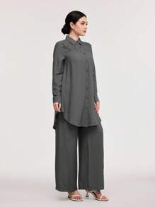 Veilorie 女式纯色撞色蕾丝长袖衬衫和裤子两件套休闲套装 - 灰色 - 查看 4